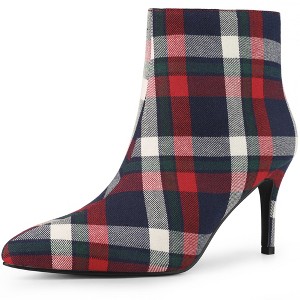 Allegra K Women's Plaid Pointed Toe Side Zip Stiletto Heel Ankle Boots - 1 of 4