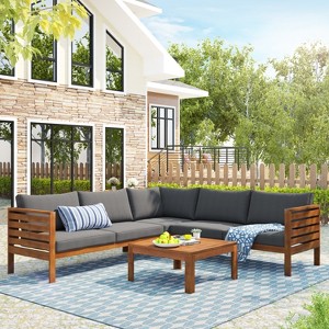 Racxily Outdoor Sofa Set, Acacia Wood Frame with Gray Water-Resistant Cushions & Metal Accessories - 1 of 4