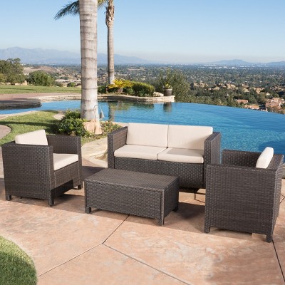 Outdoor 4 Pieces Garden Furniture Set,Rattan Metal Sectional Sofas with Cushions,Wiker Patio Conversation Sets with Coffee Table-Coolbibila