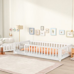 Whisen Twin Bed & Rubber Wood Floor Bed with Fence without Door, Multi - Functional Floor Bed for Kids' Sleep & Play - 1 of 4