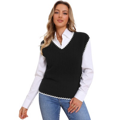 INSPIRE CHIC Women's V Neck Sleeveless Ribbed Contrast Color Trim Sweater Vest