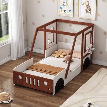Fun Play Design Twin Size Car Bed, Kids Platform Bed in Car-Shaped, White+Orange - ModernLuxe