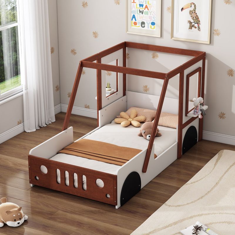 Fun Play Design Twin Size Car Bed, Kids Platform Bed in Car-Shaped, White+Orange - ModernLuxe, 1 of 8