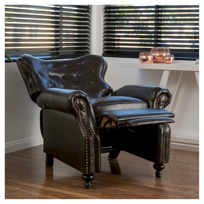 Handcrafted Brown Leather and Wood Recliner Accent Chair