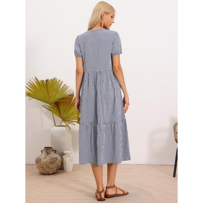 Женские платья INSPIRE CHIC Women's Gingham Summer Casual V Neck Short Sleeve Tie Bow Decor Midi Dresses Small Black Blue — фото 3