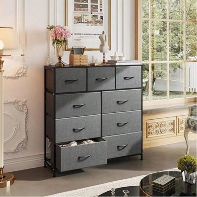SKRAN 9-Drawer Dresser, Fabric Storage Tower For Bedroom, Closet, Tall Chest Organizer Unit With Fabric Bins, Steel Frame, Wood Top,Pull Handle