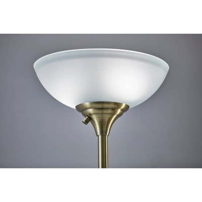 71" Black and Antique Brass Torchiere Floor Lamp with Frosted Glass Shade