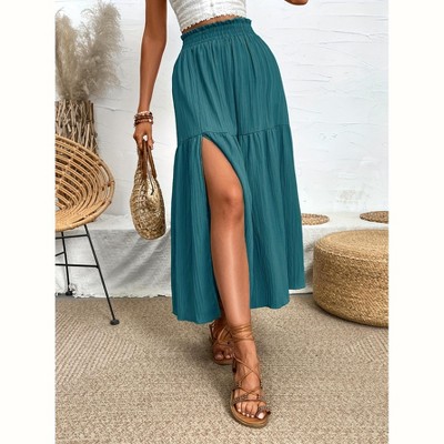 Womens Skirts High Slit Ruffle Hem Smocked Waist Midi Skirt