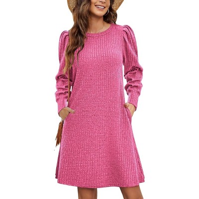 Women Knit Dress Puff Long Sleeve Dress for Fall Winter Round Neck Casual Tunic Dress