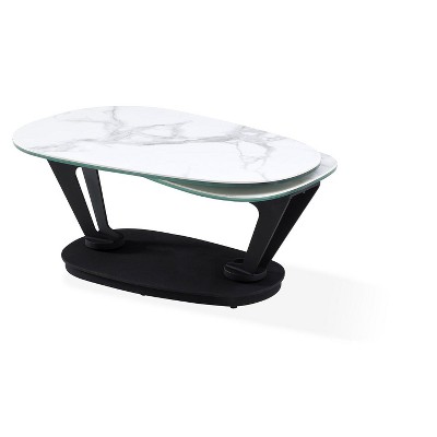 HomeRoots 36" White And Black Faux Marble And Metal Oval Coffee Table