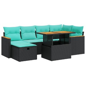 vidaXL 7 Piece Patio Sofa Set with Cushions Brown Poly Rattan Acacia - 1 of 4
