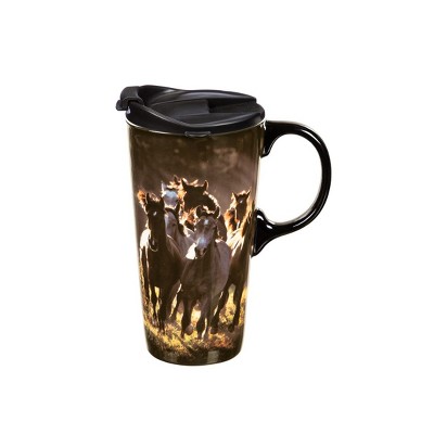 Ceramic Travel Cup, 17 OZ. ,w/box, Running Horses