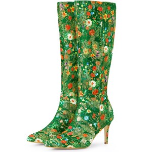 Perphy Women's Pointed Toe Sparkle Glitter Sequin Lace Stiletto Heel Knee High Boots - 1 of 4