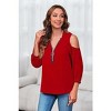 Imily Bela Women's V-neck Lantern Sleeve Shirt with Half-Zip and Off-Shoulder Casual Top - 3 of 4