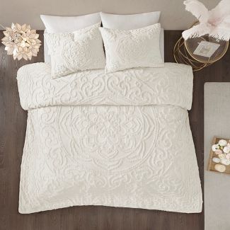 3pc Full/Queen Cecily Tufted Cotton Chenille Medallion Duvet Cover Set - Ivory