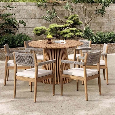 Outdoor Dining Chairs, Acacia Wood Frame Chairs with Armrests, Braided Rope Chair with Polyester Cushions-Coolbibila