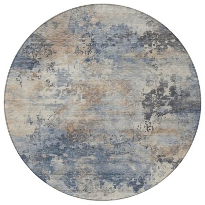HomeRoots 8' Denim Blue Beige And Charcoal Round Abstract Washable Indoor Outdoor Area Rug
