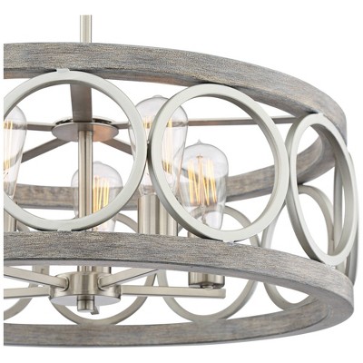 Brushed Nickel and Gray Wood Drum Pendant Chandelier
