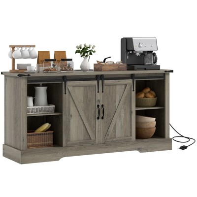 HOMCOM Sideboard Buffet Cabinet with Charging Station, 59" Farmhouse Coffee Bar Cabinet with Sliding Barn Doors, TV Stand for TVs Up to 65"