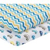 Everyday Kids 2-Pack Pack 'n Play Sheets – 100% Jersey Cotton, Blue/Gray Car & Chevron Designs, Soft Fitted Sheets for Portable or Mini Cribs - 2 of 4