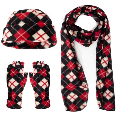 Women's Plaid 3-Piece Fleece Winter Set gloves scarf Hat