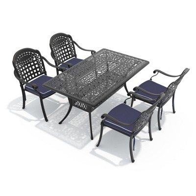 Hzzkey 5-Piece Rectangular Patio Dining Set, Cast Aluminum,Blue Cushions, Umbrella Hole,Black