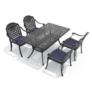 Hzzkey 5-Piece Rectangular Patio Dining Set, Cast Aluminum,Blue Cushions, Umbrella Hole,Black - 1 of 4