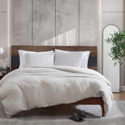 Grey Waffle Textured Queen Duvet Cover Set with Shams