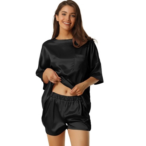 Cheibear Women's Soft Satin Short Sleeve T-shirt And Shorts With Pockets Pajama  Sets 2 Pcs Black Small : Target