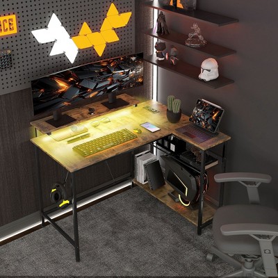 CAVINAS Home Office Desk Modern L Shaped Gaming Desk with Adjustable Mesh Shelf, Monitor Stand, Hook and LED Light for Games