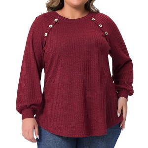 Women's Plus Size Ribbed Knit Button Decoration Crew Neck Long Sleeve Casual Tunic Blouses - Agnes Orinda - 1 of 4