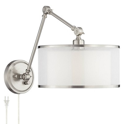 Possini Euro Design Modern Swing Arm Wall Lamp Brushed Nickel Plug-In Light Fixture Organza Drum Double Shade for Bedroom Bedside