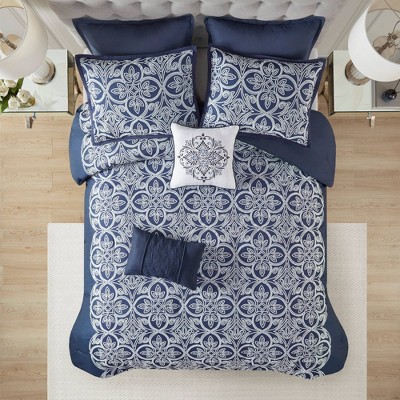 Madison Park 7pc Gianni Flocking Comforter Bedding Set with Euro Shams and Throw Pillows Navy Blue