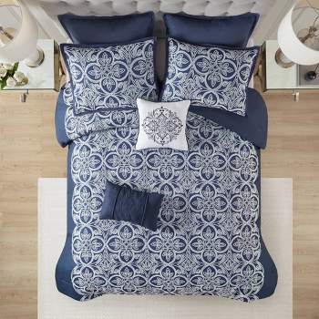 Madison Park 7pc Gianni Flocking Comforter Bedding Set with Euro Shams and Throw Pillows Navy Blue