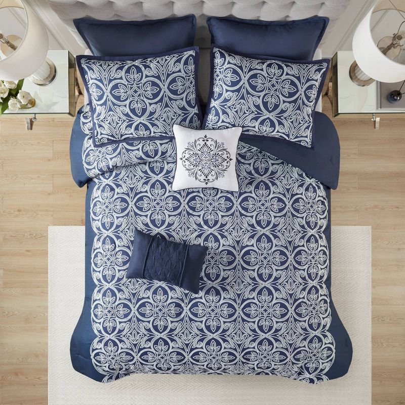Madison Park 7pc Gianni Flocking Comforter Bedding Set with Euro Shams and Throw Pillows Navy Blue, 1 of 12