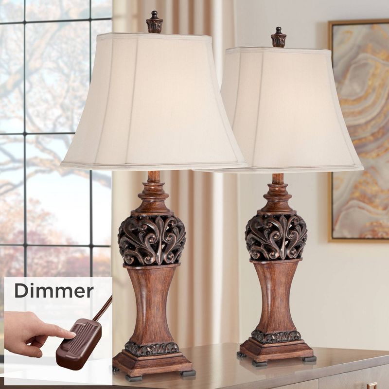 Regency Hill Exeter Traditional Table Lamps 30" Tall Set of 2 Bronze Wood Carved Leaf with Table Top Dimmers Cream Rectangular Shade for Living Room, 2 of 10