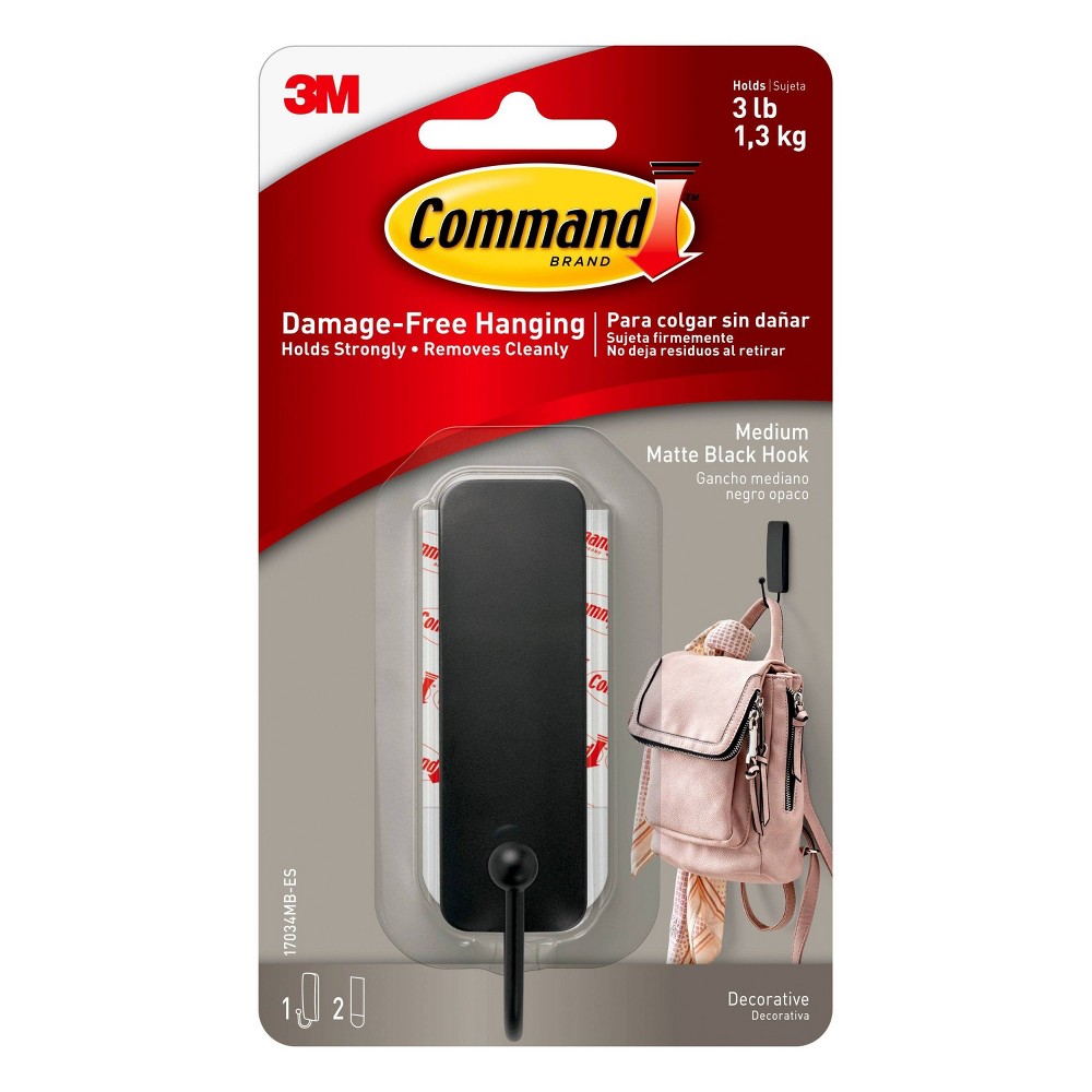 Command 17034MB-ES Matte Black Hook with 1 Strips, Medium