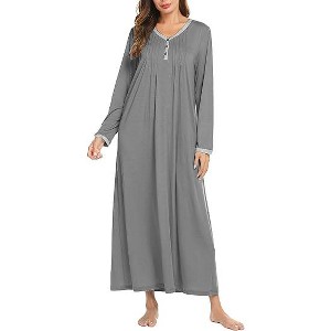 Ekouaer Women's Long Sleeve Nightgown Full Length Sleepwear Long Sleepshirts Henley Sleep Dress - 1 of 3