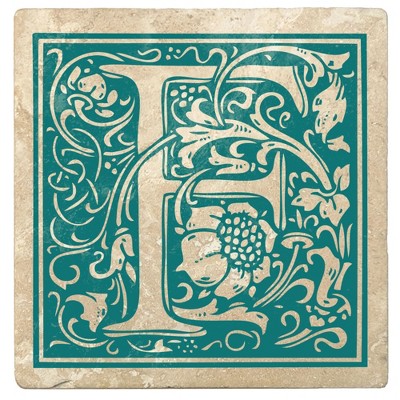 Christmas by Krebs Set of 4 Ivory and Teal Blue Alphabet "F" Square Monogram Coasters 4"