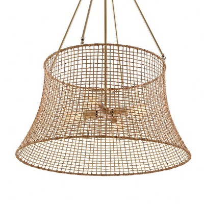 Burnished Brass and Rattan Resin 4-Light Outdoor Chandelier