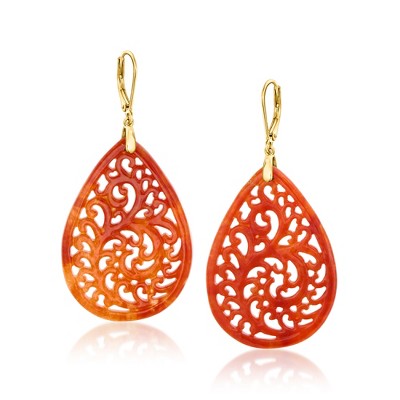 Ross-Simons Carved Red Jade Teardrop Earrings in 18kt Gold Over Sterling