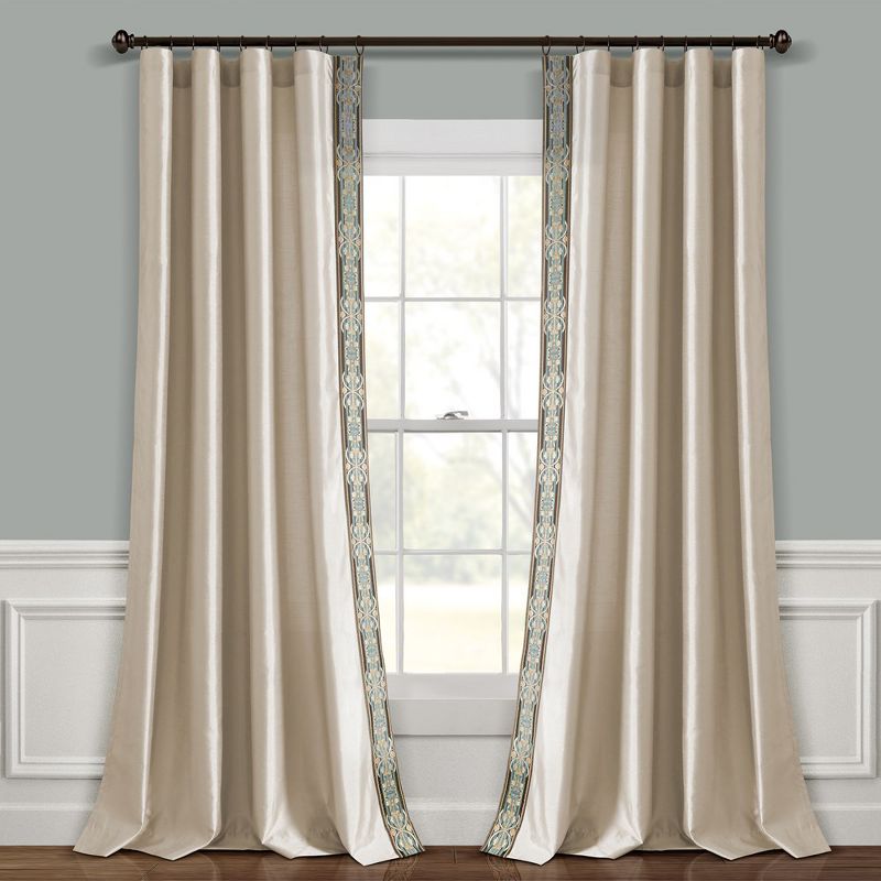 Luxury Traditional Regency Faux Silk Border Trim Window Curtain Panel Neutral/DustyBlue Single 52x84, 2 of 6