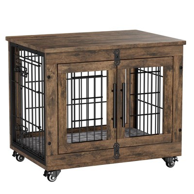 Gikpal Wooden Dog Crate Furniture, Stylish Dogs Kennel for Small to Extra Large, Double Door & A Cushion & 360°Wheel, Metal, Chew-Proof, Dog Cage