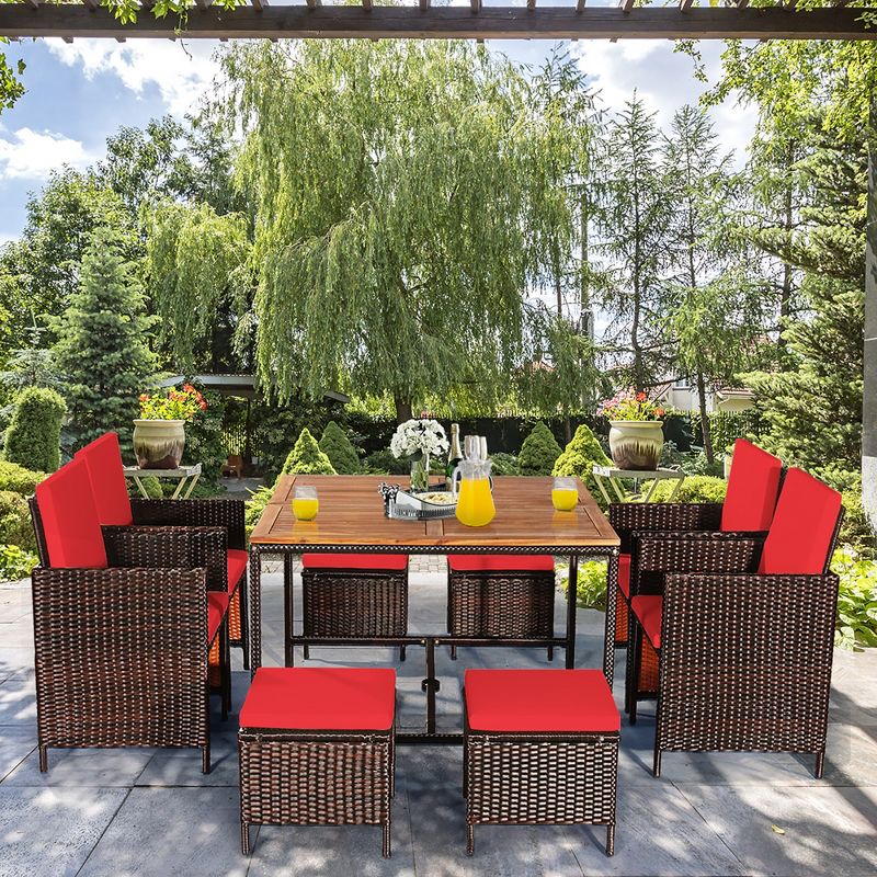 Costway 9PCS Patio Rattan Dining Set Cushioned Chairs Ottoman Wood Table Top White\Red, 5 of 13
