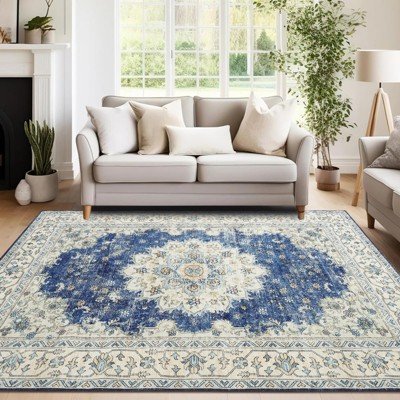 Boho Farmhouse Washable Area Rug - Large Neutral Floral Vintage Non-Slip Carpet for Living Room, Bedroom, Nursery, Playroom & Office