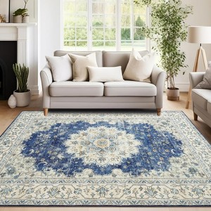 Boho Farmhouse Washable Area Rug - Large Neutral Floral Vintage Non-Slip Carpet for Living Room, Bedroom, Nursery, Playroom & Office - 1 of 4