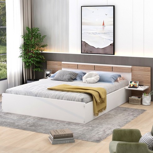 Platform bed with store shelf headboard