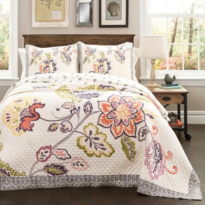 Aster Quilt 3 Piece Set (Full/ Queen) Coral/ Navy - Lush Décor