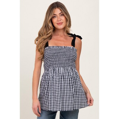 PinkBlush Black Gingham Smocked Shoulder Tie Maternity Top
