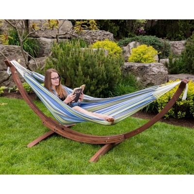 Vivere Blue and Green Striped Cotton Hammock with Pinewood Stand